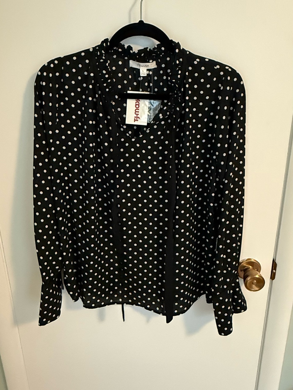 Active USA Black and White Polka Dot Ruffle Neck Blouse